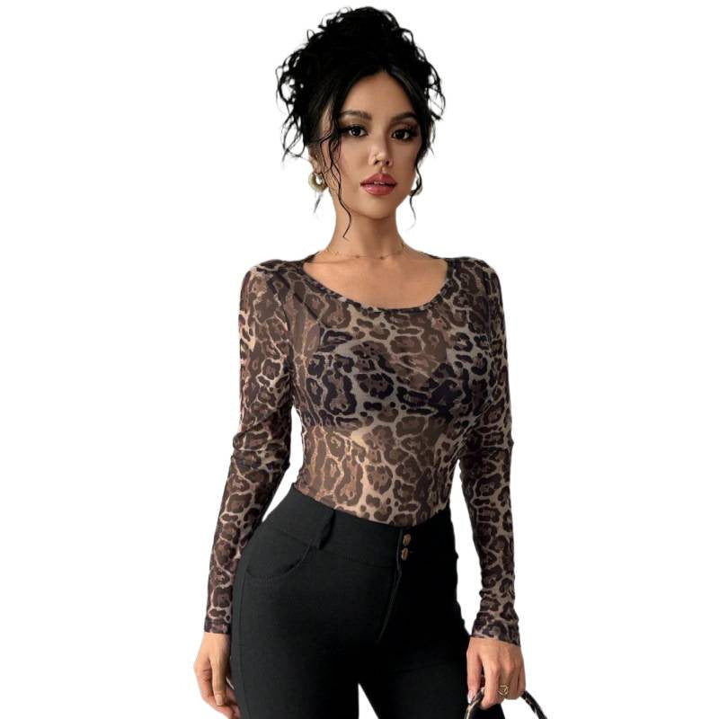 Damen Langarm-Body mit transparentem Leopardenmuster und enganliegender Passform EB