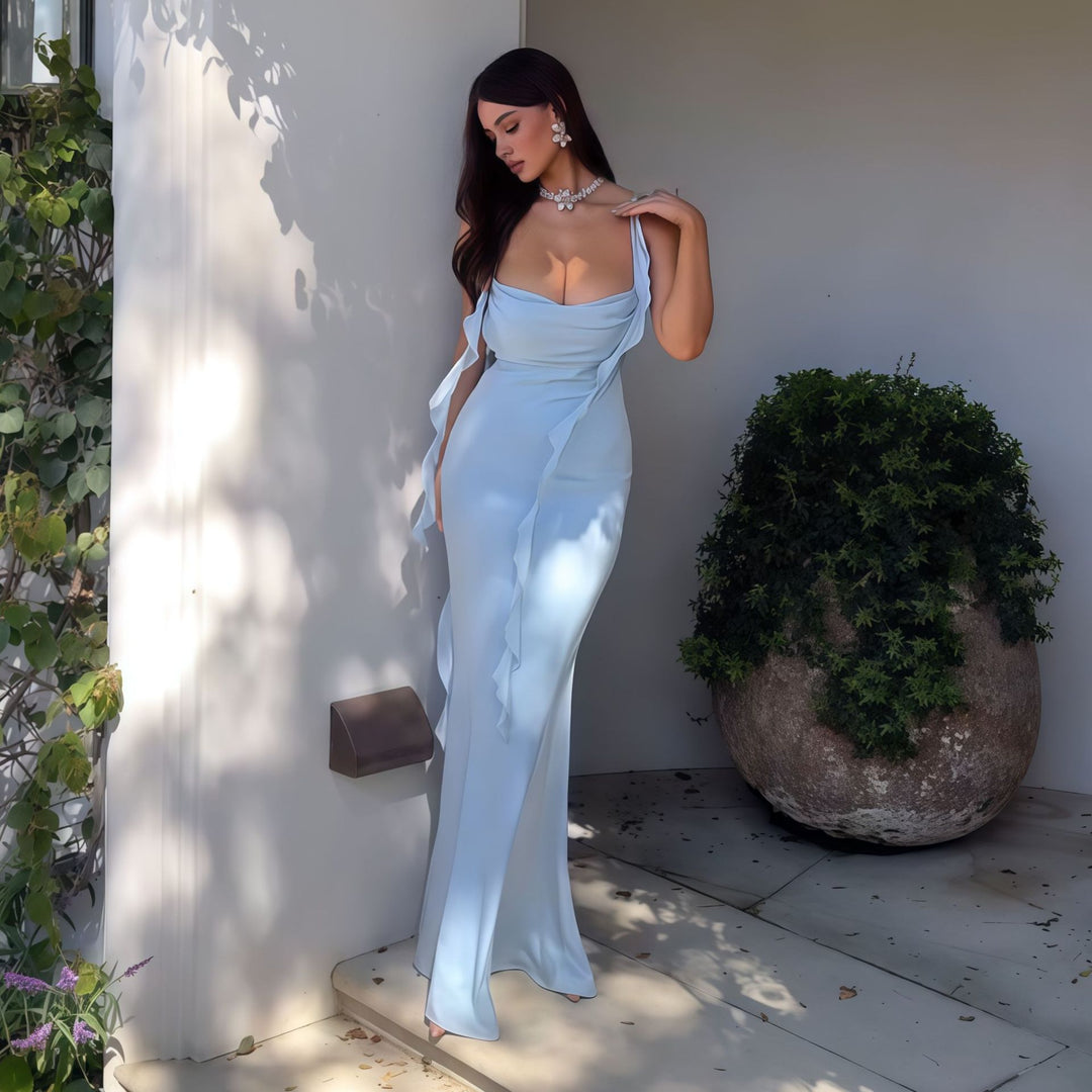 Damen Elegantes Maxi-Kleid mit asymmetrischen Rüschendetails und tiefem V-Ausschnitt EB