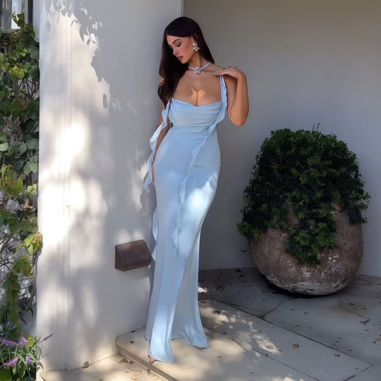 Damen Elegantes Maxi-Kleid mit asymmetrischen Rüschendetails und tiefem V-Ausschnitt EB