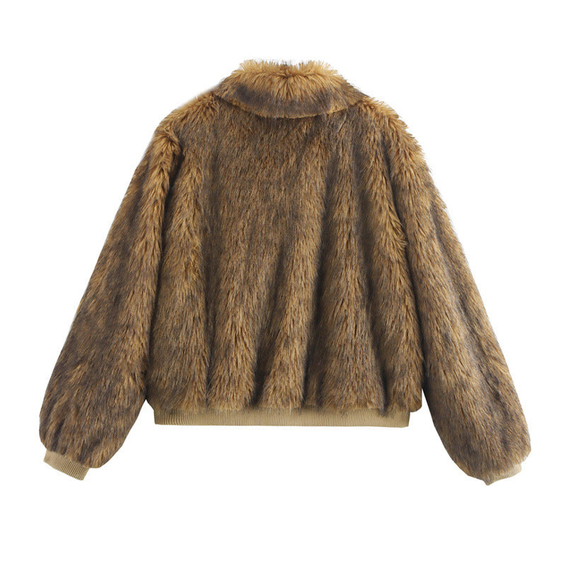 Damen elegante Kunstpelzjacke mit breitem Kragen EB