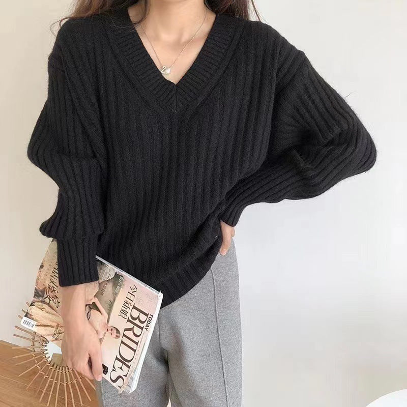 Damen Viskose-Strickpullover mit V-Ausschnitt und geripptem Design EB
