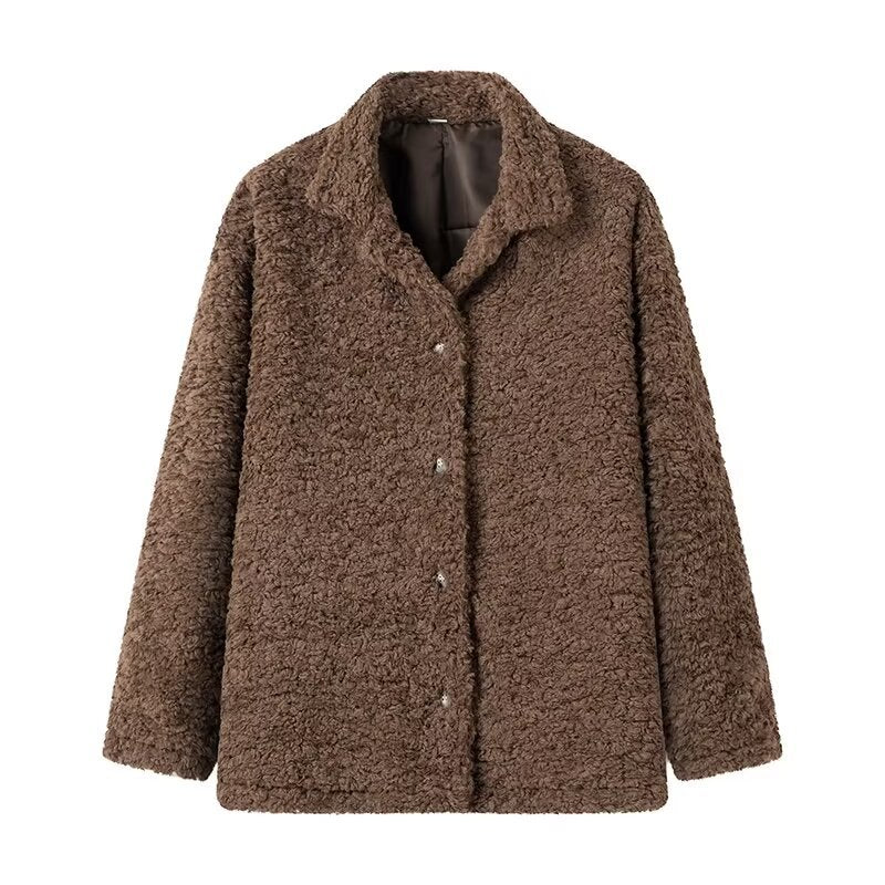 Damen kuschelige Fleecejacke mit Knopfverschluss und hohen Kragen EB
