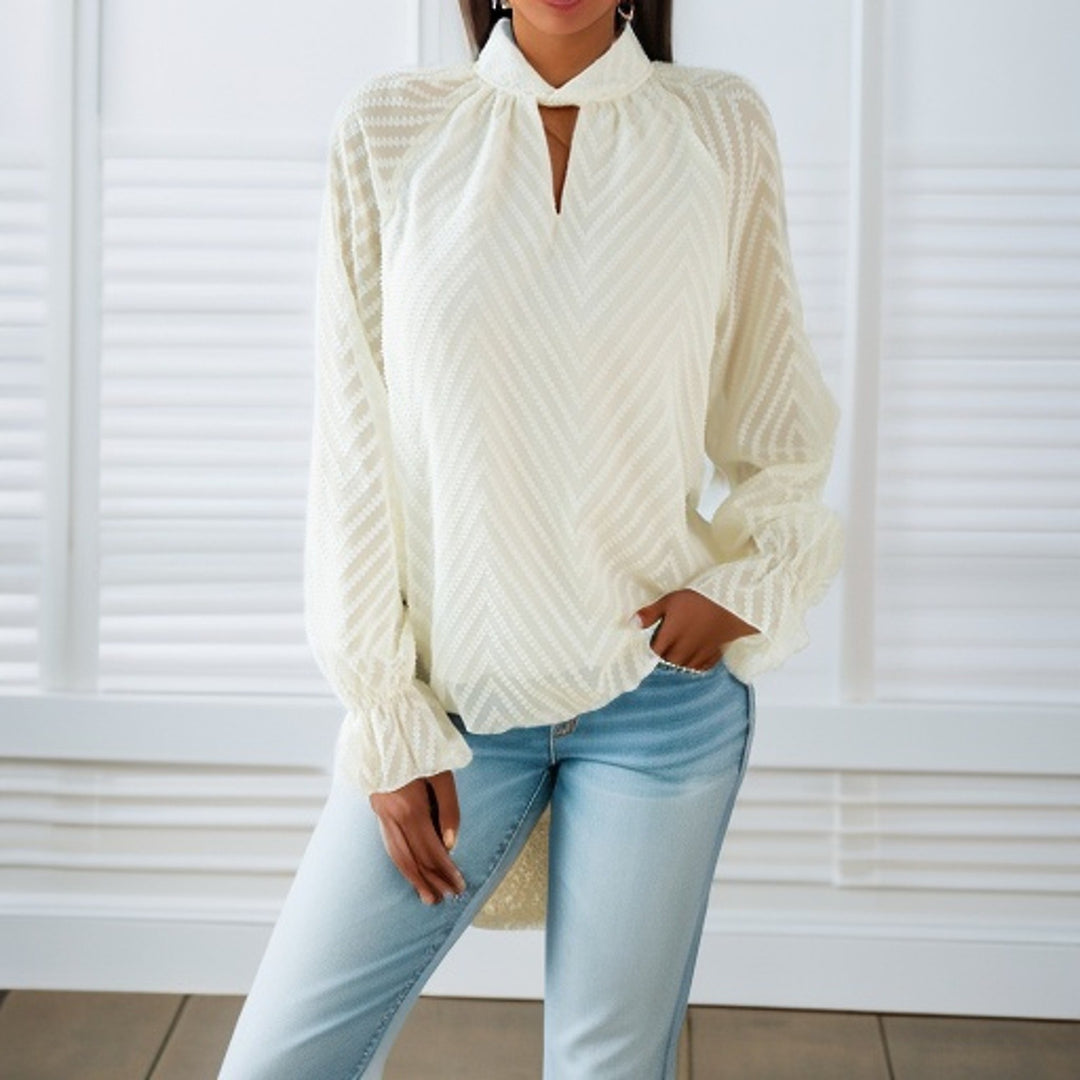 Damen elegante Bluse mit leicht transparenten Ärmeln und dekorativem Stehkragen EB