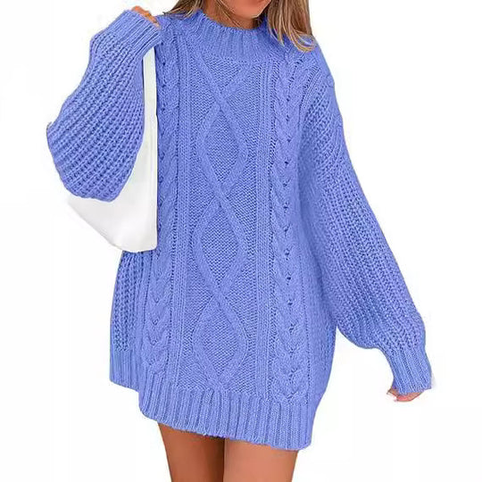 Damen Grobstrick Pulloverkleid mit asymmetrischem Saum und Zopfdesign EB