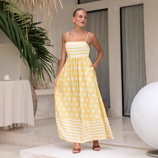 Damen Maxikleid mit verspieltem Streifendesign und großen Punkten EB