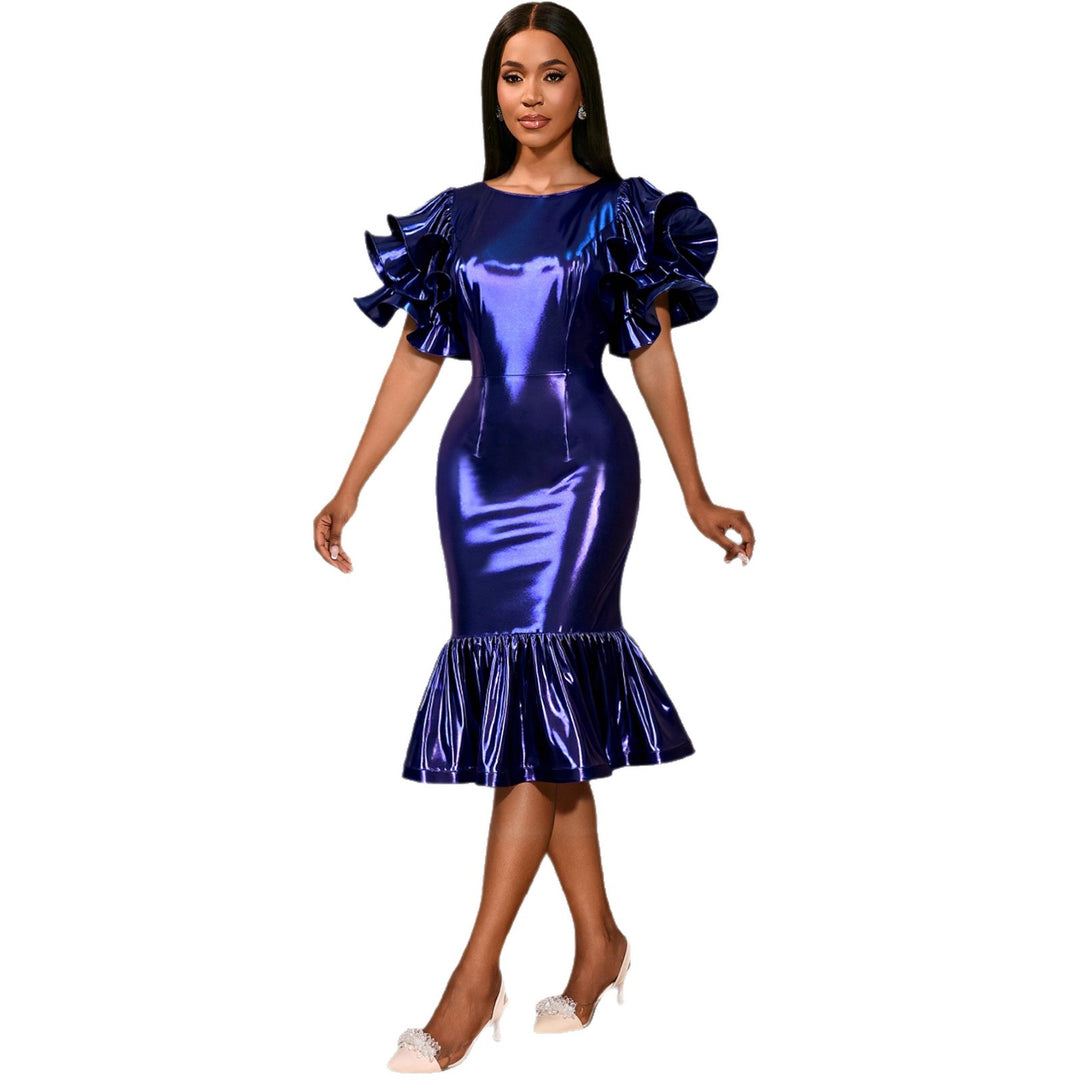Damen Glamouröses Abendkleid mit voluminösen Rüschenschultern EB