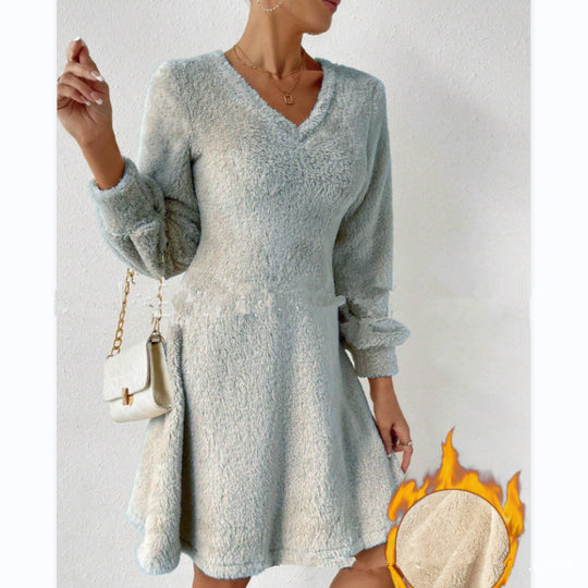 Damen fließendes V-Ausschnitt Kleid mit langen Ärmeln und weichem Fleece EB