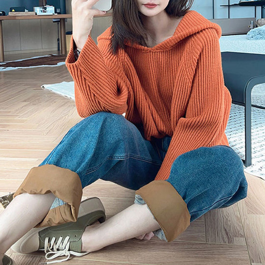 Damen lässiger Strickpullover mit Kapuze und weit geschnittenen Ärmeln EB