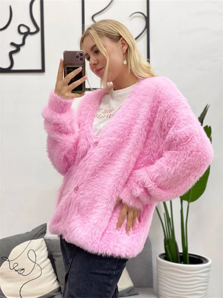 Damen gemütlicher Strickcardigan mit weichem Flauschmaterial und modischem Knopfdetail EB