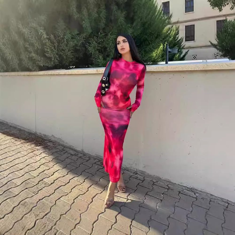 Damen figurbetontes Maxikleid mit langem Arm und modernem Batikmuster EB