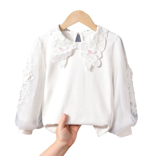 Mädchen Bluse mit floraler Stickerei und transparenten Ärmeln EB