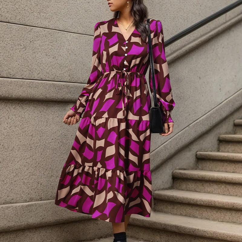 Damen Maxikleid mit knöpfen und elastischem Taillenzug EB