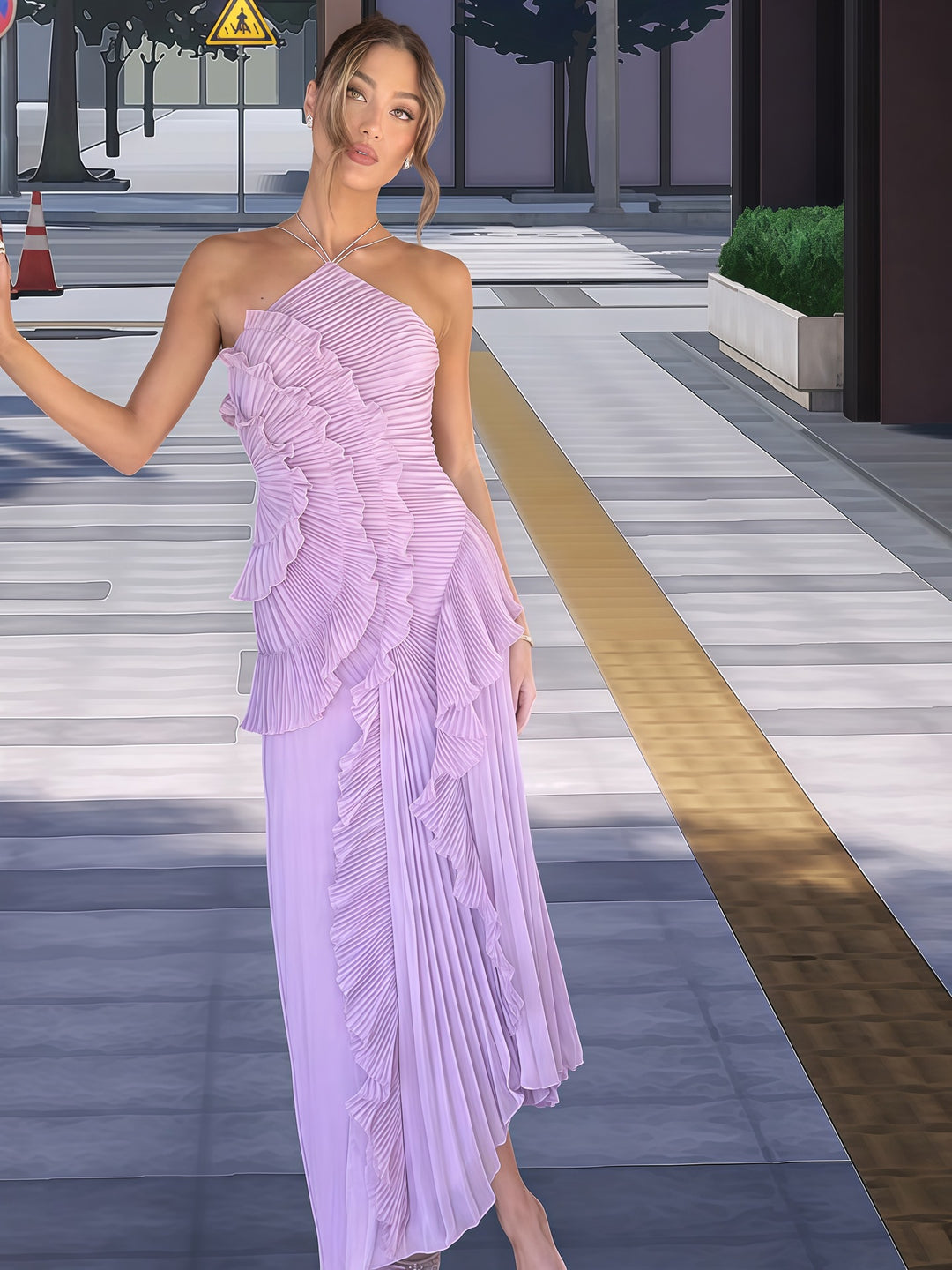 Damen Elegantes Wickelkleid mit fließendem Faltenrock und asymmetrischen Rüschendetails EB
