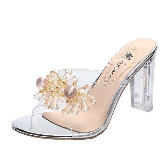 Damen-Mules mit transparentem Obermaterial und funkelndem Schmuckdetail EB