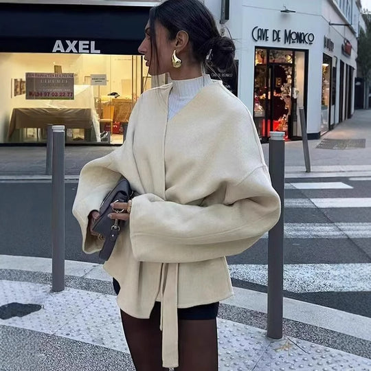 Damen elegante Wickeljacke mit Gürtel EB