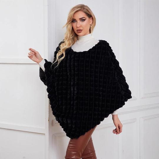 Damen Flauschiger Kunstpelzponcho mit strukturiertem Design und weichem Innenfutter EB