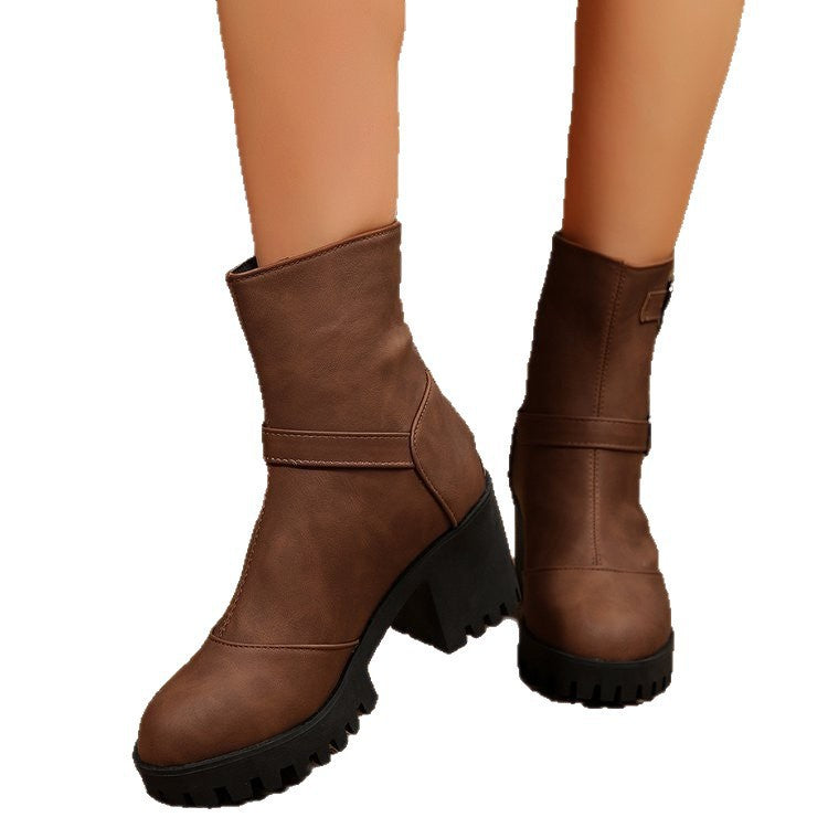 Damen nan klobige Biker-Ankleboots mit Profilsohle, dekorativen Doppelschnallen und seitlichem Reißverschluss EB