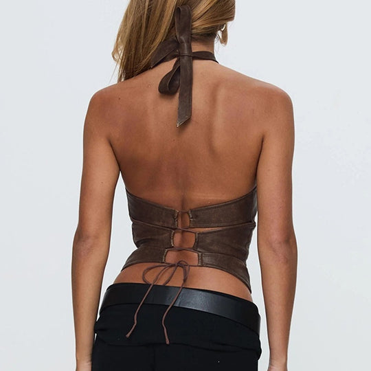 Damen Oberteil aus hochwertigem Kunstleder mit raffiniertem Halter-Design EB