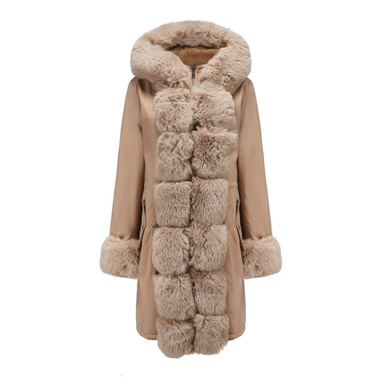Damen modische Lange Jacke mit Kunstfellbesatz EB