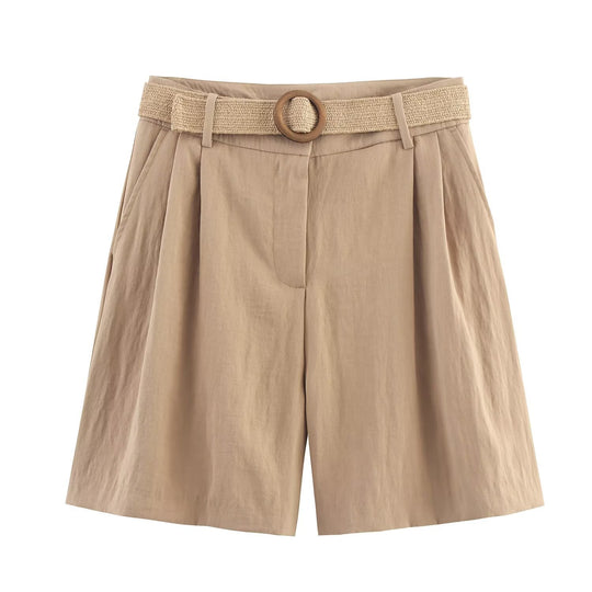 Damen elegante Shorts mit breitem, geflochtenem Gürtel EB
