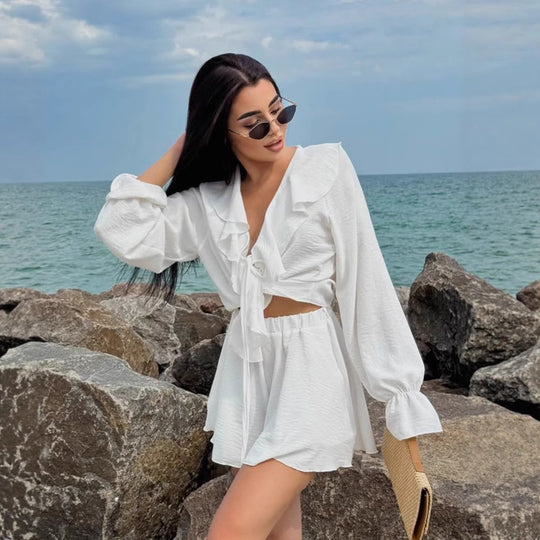 Damen verspieltes Sommerkleid mit Rüschen und tiefem V-Ausschnitt EB