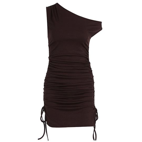 Damen figurbetontes One-Shoulder Kleid mit seitlichen Rüschen EB