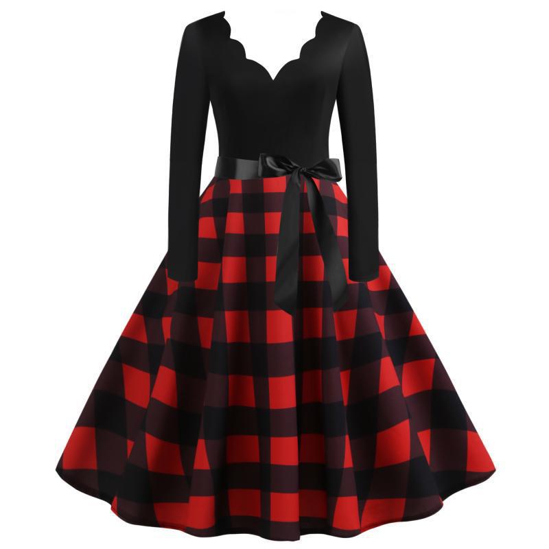 Damen Retro Swingkleid mit welligem V-Ausschnitt, tailliertem Satinbindegürtel und karierter Tellerrock EB