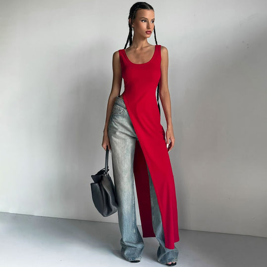 Damen Langarm Maxikleid mit hohem Schlitz EB