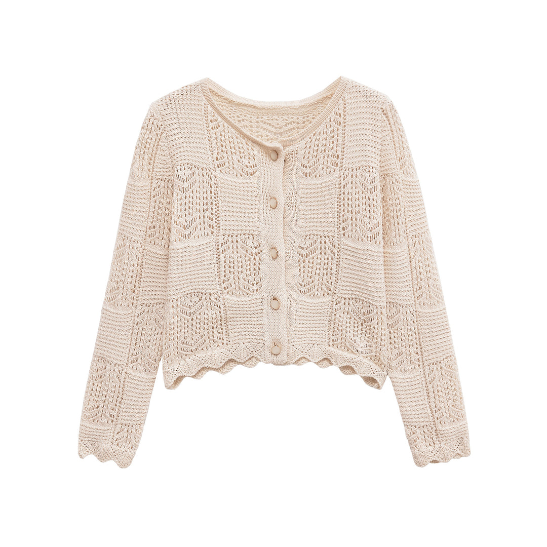 Damen Strickjacke mit filigranem Lochmuster und dekorativen Knöpfen EB