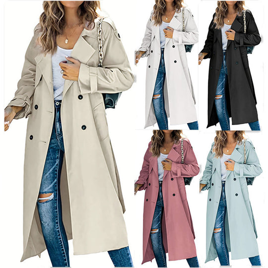 Damen Trenchcoat aus leichtem, atmungsaktivem Stoff mit doppelter Knopfreihe und seitlichen Taschen EB