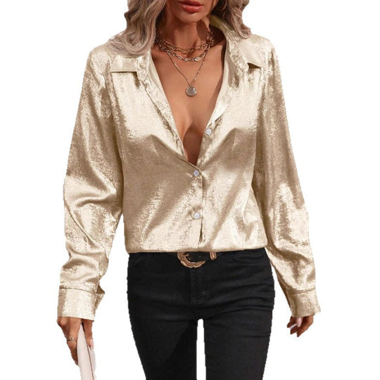 Damen elegante Bluse im metallischen Glanzfinish mit langen Ärmeln EB