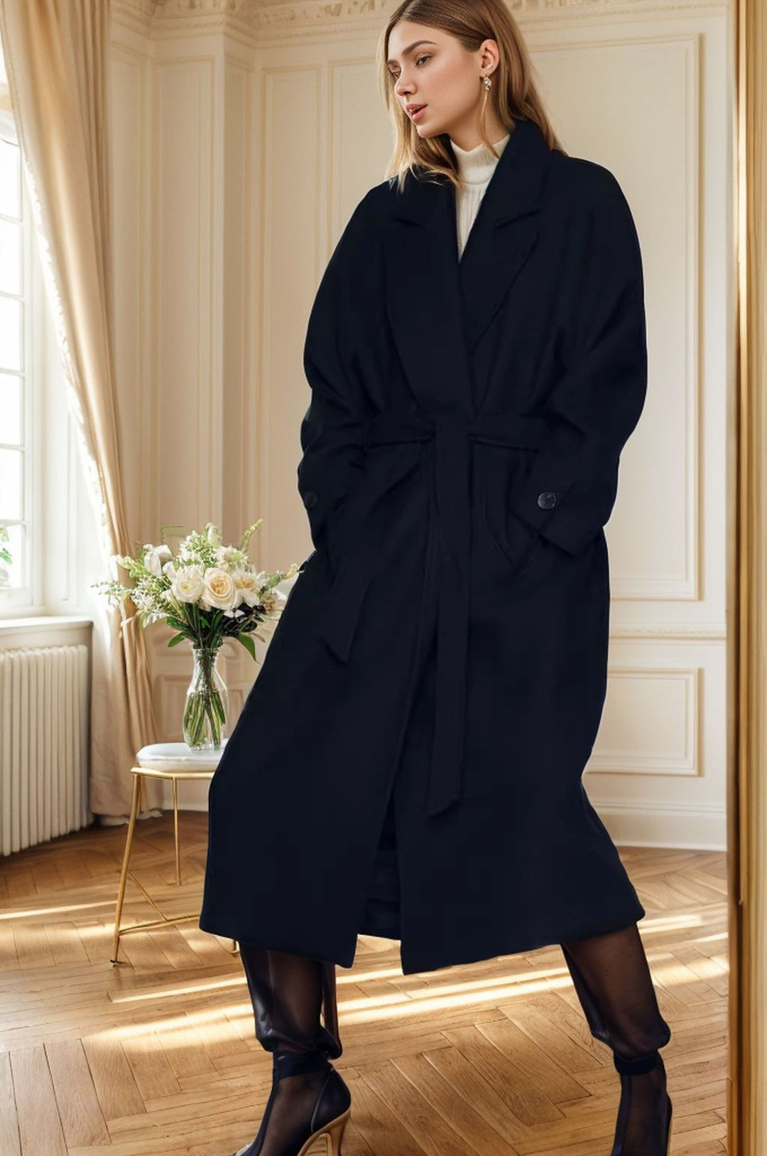 Damen eleganter Übermantel mit weitem Schnitt und Gürtel EB
