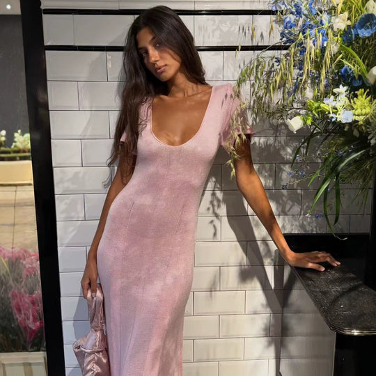 Damen elegantes figurbetontes Maxikleid mit V-Ausschnitt EB