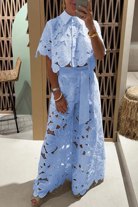 Damen nan zweiteiliges Lochstickerei-Set mit Kurzbluse und Maxirock mit Bindegürtel EB