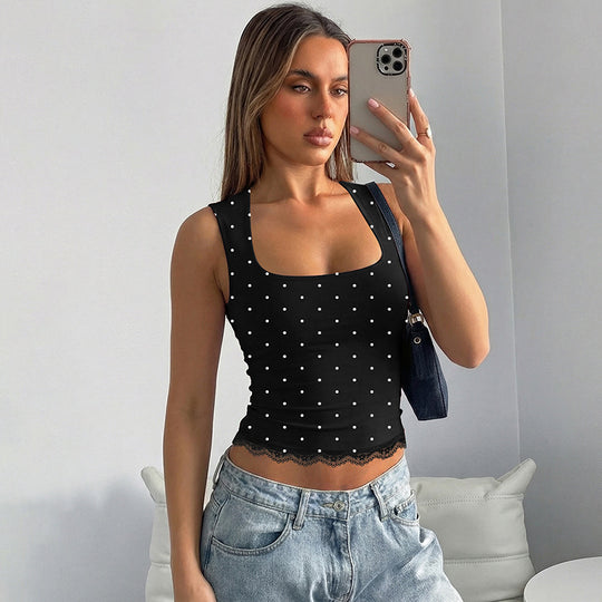 Damen Spaghetti-Trägertop mit verspieltem Punkte-Muster und zarten Spitzenakzenten EB
