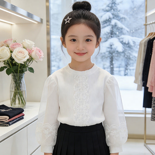 Mädchen elegante Bluse mit transparenten Puffärmeln und zarter Blumenstickerei EB