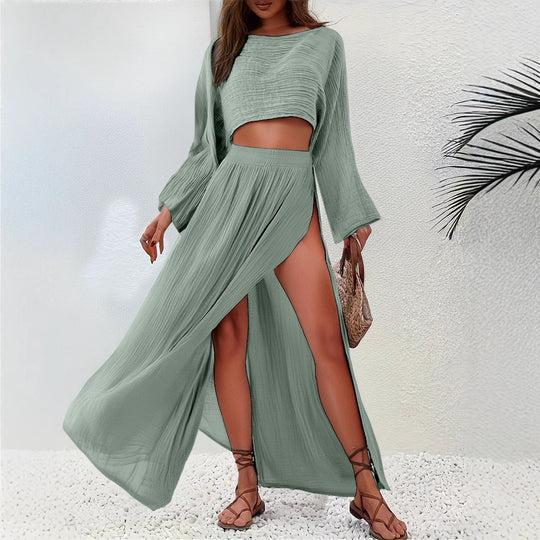 Damen Elegantes und luftiges Maxikleid mit schwingendem Saum und tiefem Schlitz EB