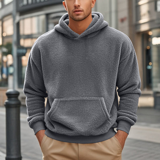 Herren Hoodie aus kuscheligem Teddy-Fleece mit Kängurutasche und breiten Bündchen EB