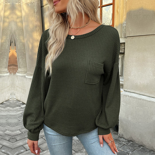 Damen Lässiger Langarmshirt mit strukturiertem Design und dekorativem Taschen EB