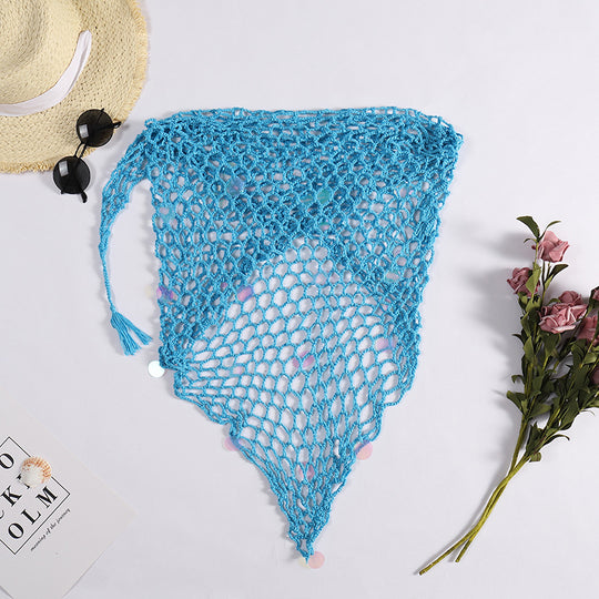 Damen Häkel-Strandtuch mit fransigen Akzenten und dekorativem Netzdesign EB