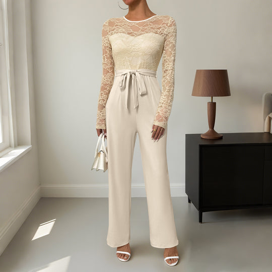 Damen Eleganter Jumpsuit mit Spitzenoberteil und tailliertem Bund EB