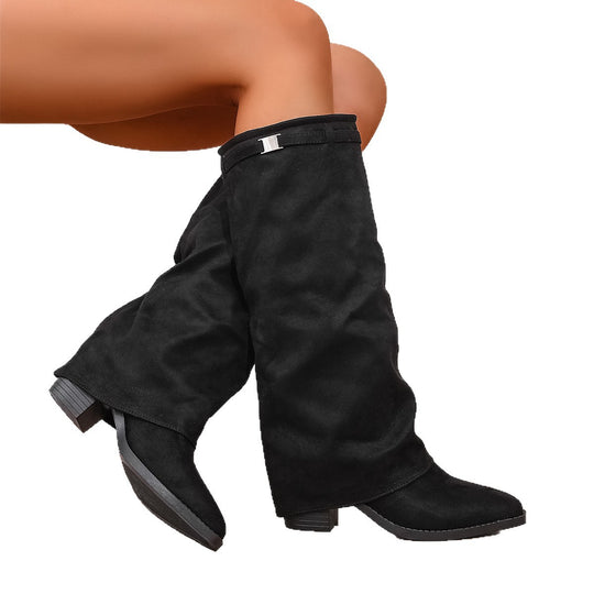Damen nan knielange Slouch-Stiefel mit spitzer Zehenpartie und niedrigem Blockabsatz EB
