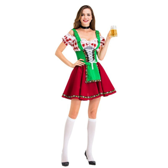 Damen nan Party-Dirndl Minikleid im Oktoberfeststil mit verstellbaren Trägern, Spitzenbesatz und bestickter Schürzenapplikation EB