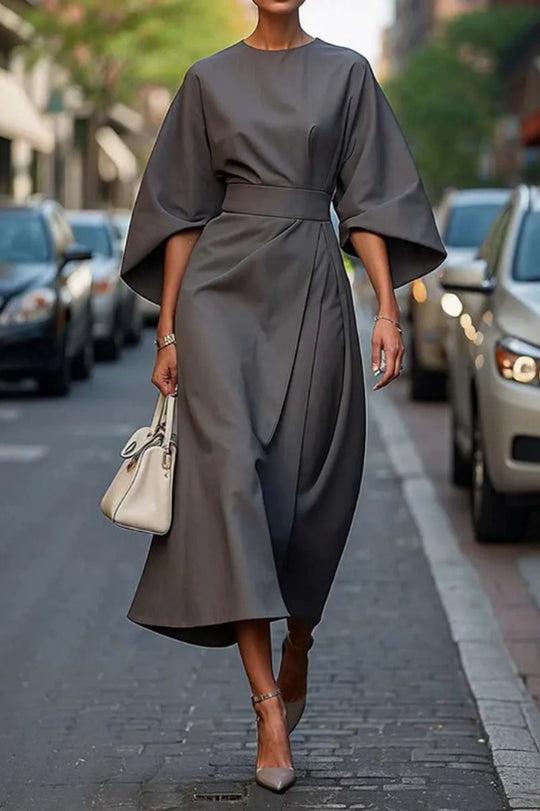 Damen fließendes Maxikleid mit eleganten Ärmeln und Taillengürtel EB