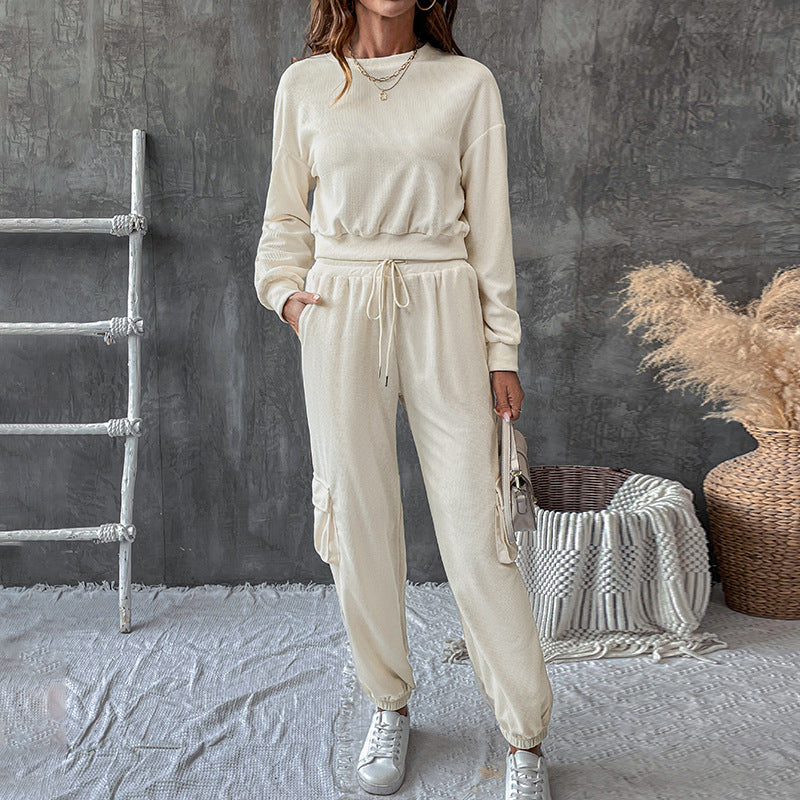 Damen lässiges Jogginganzug-Set mit Taschen und Bündchen EB