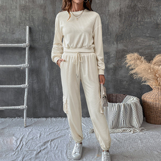 Damen lässiges Jogginganzug-Set mit Taschen und Bündchen EB