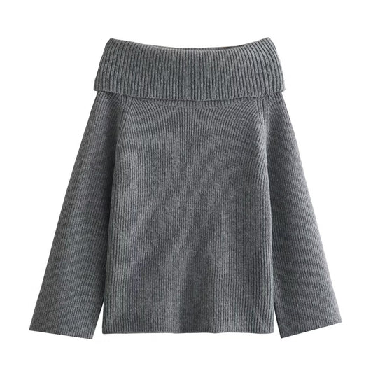 Damen nan oversize schulterfreier Strickpullover mit breitem Umschlagkragen und Rippstruktur EB