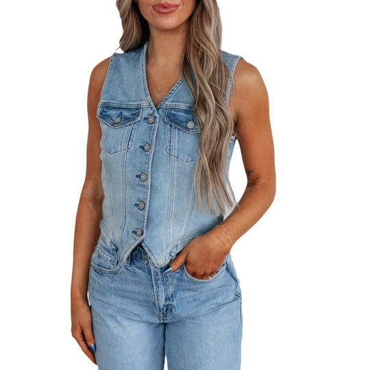 Damen Denim Weste mit Knopfleiste und modernen Schnittrahmen EB