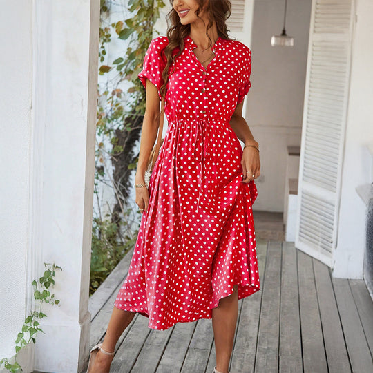 Damen Elegantes Hemdblusenkleid mit tailliertem Design und Polka-Dots EB