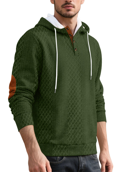 Herren nan Diamond-Struktur Kapuzenpullover mit Kurzknopfleiste, gesteppter Kapuzeninnenkante und Wildleder-Ellbogenpatch EB